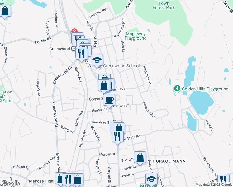 map of restaurants, bars, coffee shops, grocery stores, and more near 21 Pitman Avenue in Wakefield