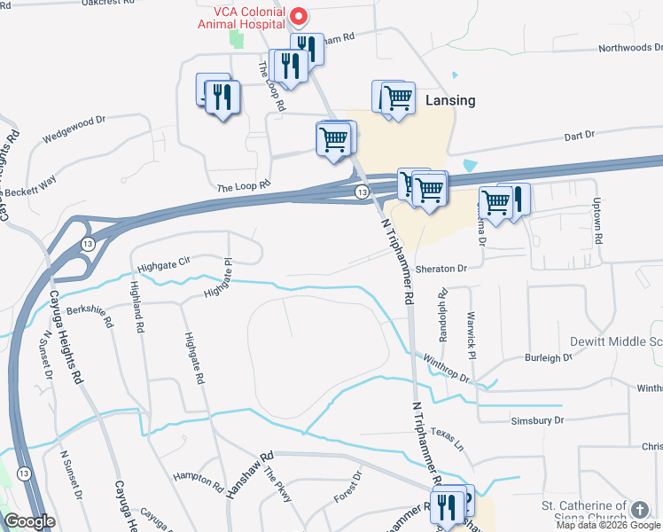 map of restaurants, bars, coffee shops, grocery stores, and more near D7 Seven Mile Drive in Ithaca