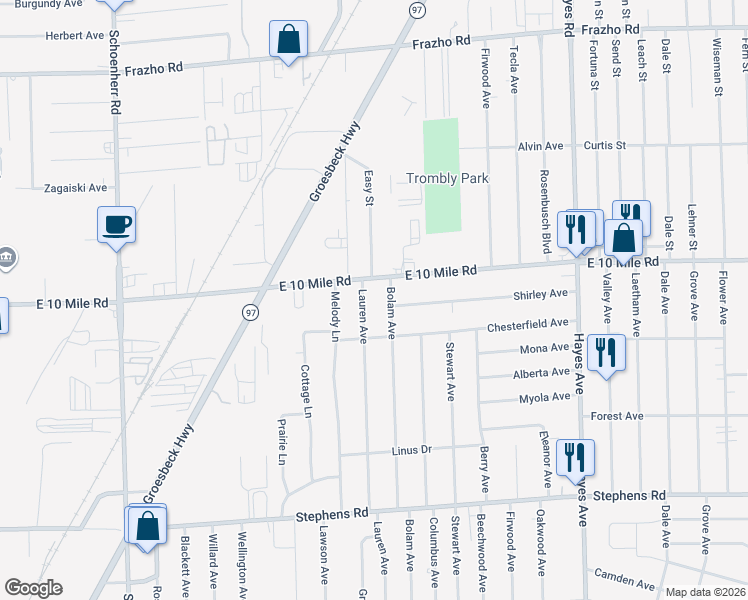 map of restaurants, bars, coffee shops, grocery stores, and more near 24985 Bolam Avenue in Warren