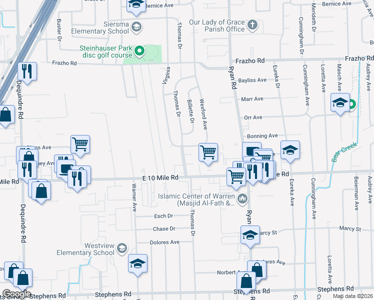 map of restaurants, bars, coffee shops, grocery stores, and more near 25326 Wexford Avenue in Warren