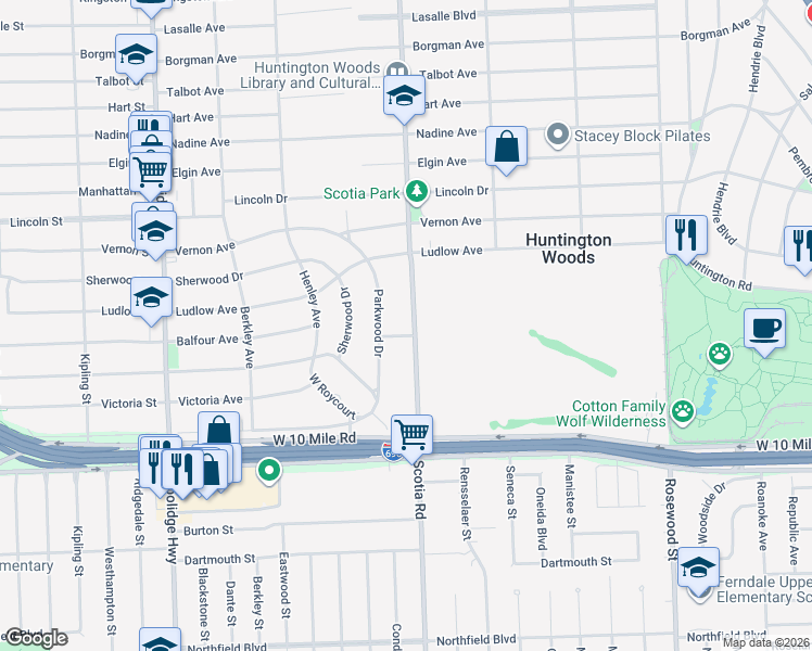 map of restaurants, bars, coffee shops, grocery stores, and more near 25415 Scotia Road in Huntington Woods
