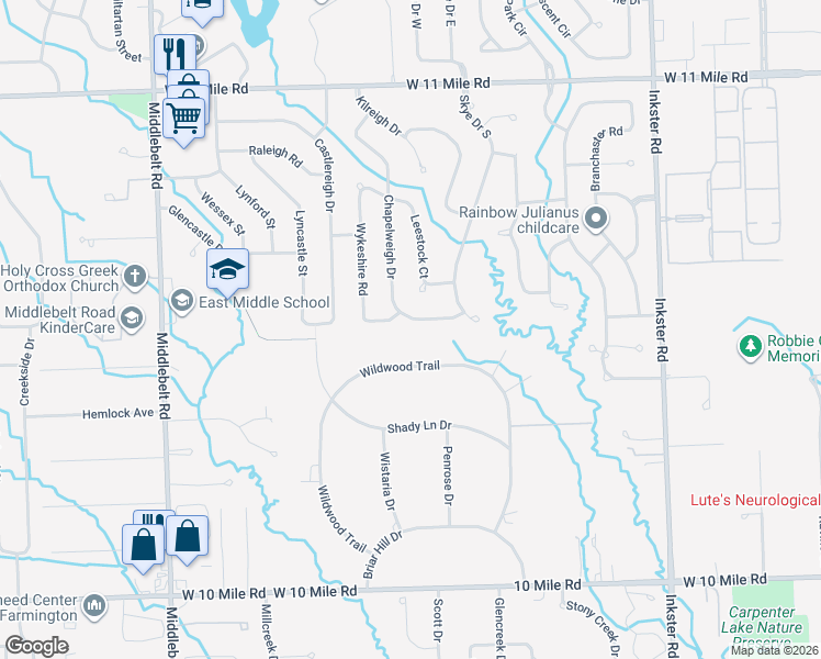 map of restaurants, bars, coffee shops, grocery stores, and more near 25137 Chapelweigh Drive in Farmington Hills