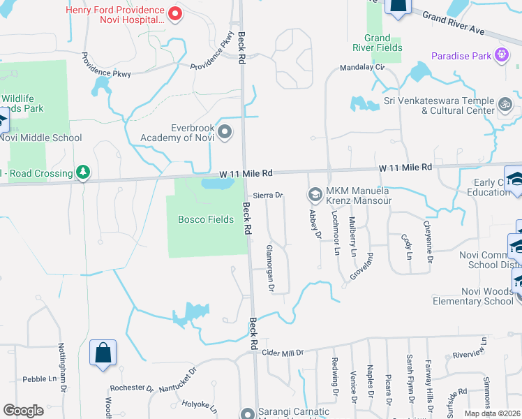 map of restaurants, bars, coffee shops, grocery stores, and more near 25901 Strath Haven Drive in Novi