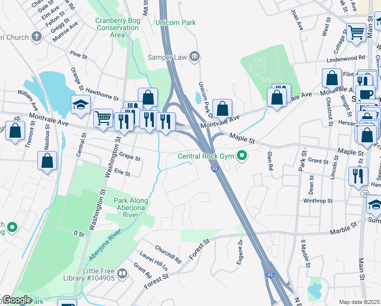 map of restaurants, bars, coffee shops, grocery stores, and more near 1 Hill St in Winchester