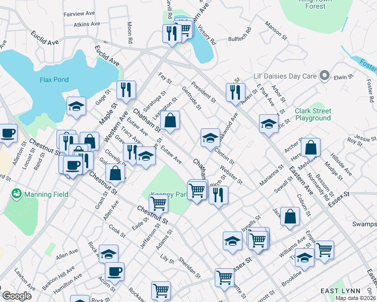 map of restaurants, bars, coffee shops, grocery stores, and more near 17 Clarendon Avenue in Lynn