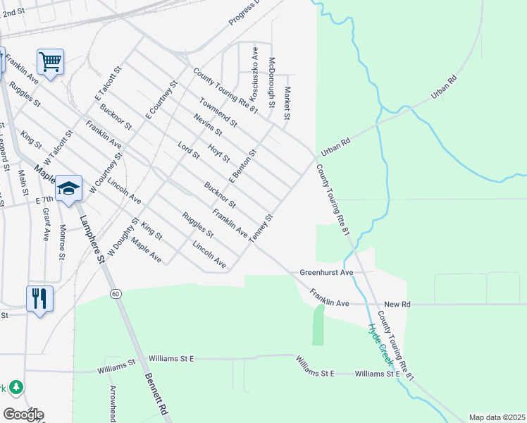 map of restaurants, bars, coffee shops, grocery stores, and more near 445 Lord Street in Dunkirk