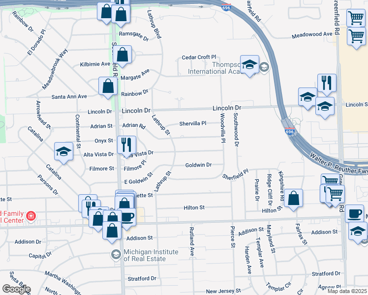 map of restaurants, bars, coffee shops, grocery stores, and more near 17290 Alta Vista Dr in Southfield