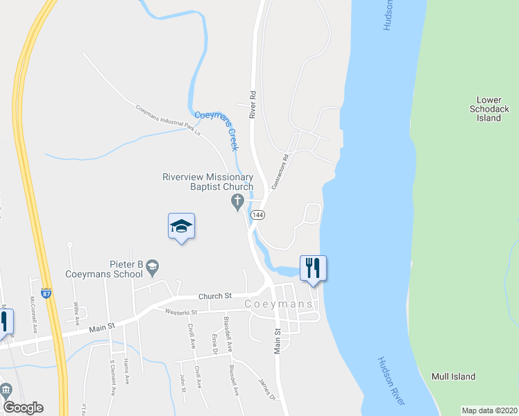 map of restaurants, bars, coffee shops, grocery stores, and more near 2181 River Road in Ravena