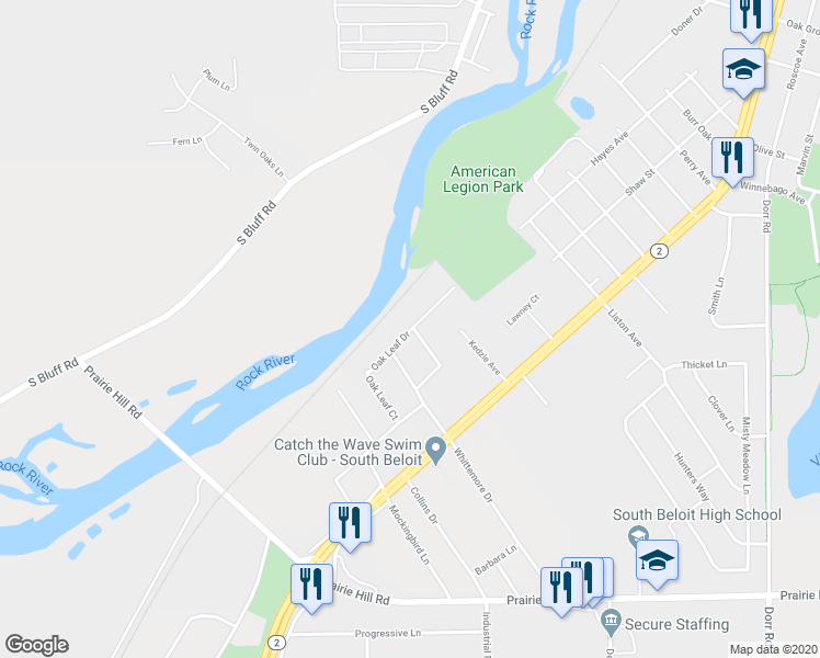 map of restaurants, bars, coffee shops, grocery stores, and more near 1805 Oak Leaf Drive in South Beloit