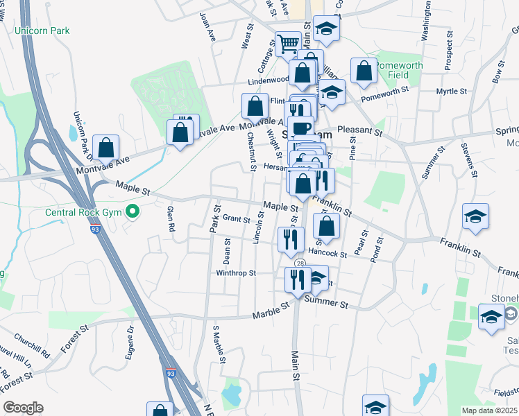 map of restaurants, bars, coffee shops, grocery stores, and more near 28 Maple Street in Stoneham