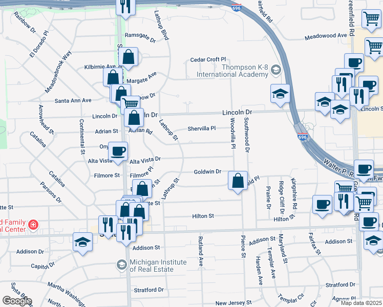 map of restaurants, bars, coffee shops, grocery stores, and more near 17290 Alta Vista Drive in Southfield