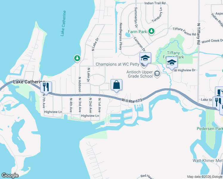 map of restaurants, bars, coffee shops, grocery stores, and more near 42301 Park Place in Antioch