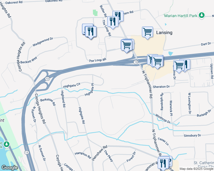 map of restaurants, bars, coffee shops, grocery stores, and more near 41 Highgate Circle in Ithaca