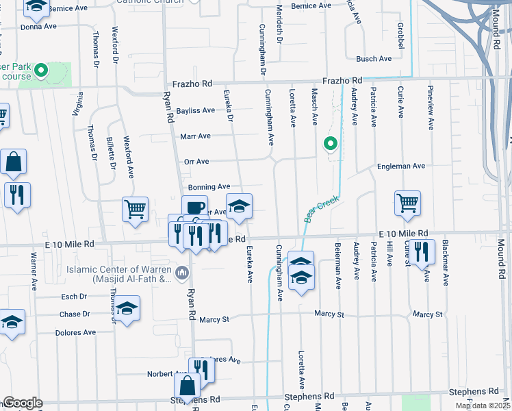map of restaurants, bars, coffee shops, grocery stores, and more near 4499 Kiefer Avenue in Warren