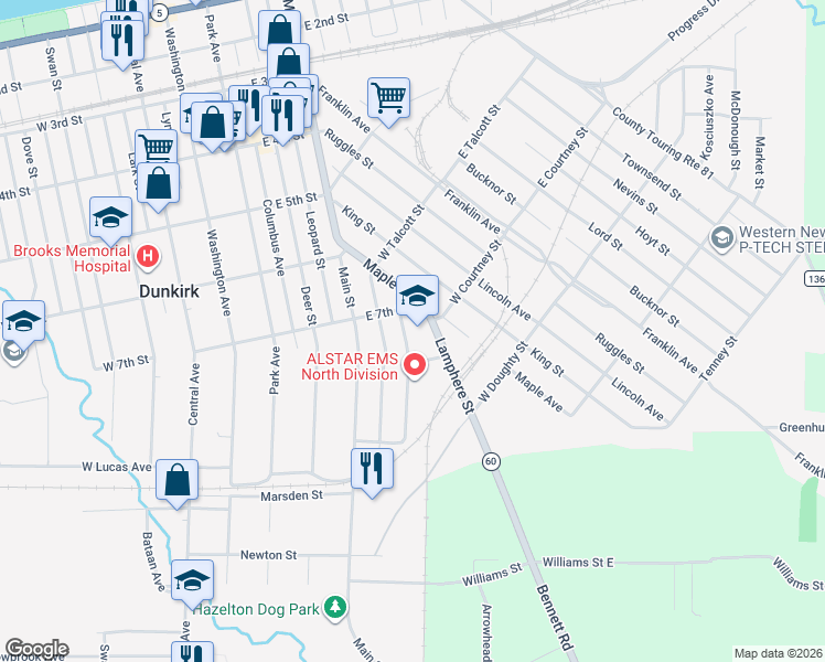 map of restaurants, bars, coffee shops, grocery stores, and more near 704 Lamphere St in Dunkirk