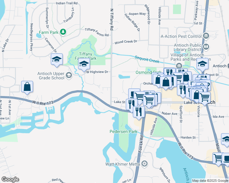 map of restaurants, bars, coffee shops, grocery stores, and more near 893 Tiffany Road in Antioch