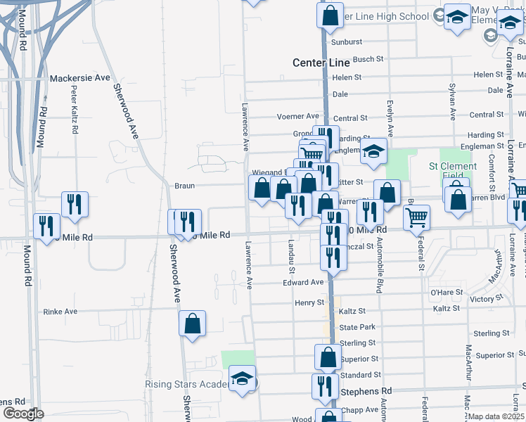 map of restaurants, bars, coffee shops, grocery stores, and more near 7215 East 10 Mile Road in Center Line
