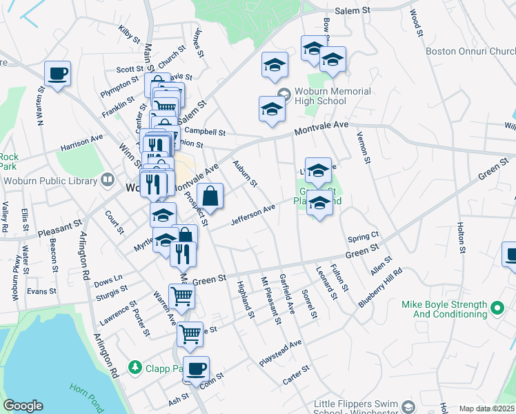map of restaurants, bars, coffee shops, grocery stores, and more near 20 Garfield Avenue in Woburn