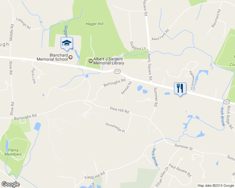 map of restaurants, bars, coffee shops, grocery stores, and more near 63 Kendall Rd in Boxborough