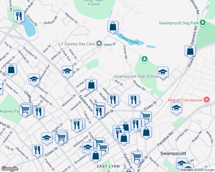 map of restaurants, bars, coffee shops, grocery stores, and more near 18 Roy Street in Swampscott