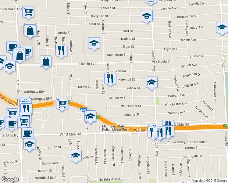 map of restaurants, bars, coffee shops, grocery stores, and more near 14095 Ludlow Street in Oak Park