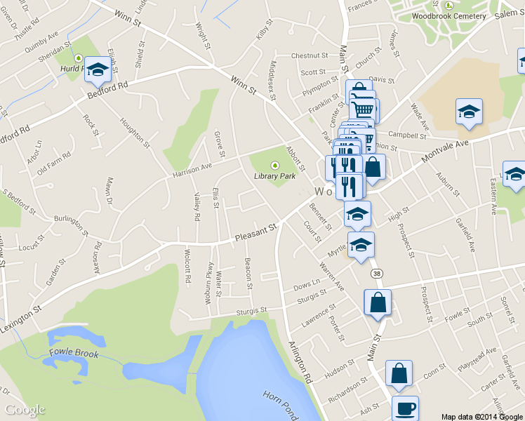 map of restaurants, bars, coffee shops, grocery stores, and more near 6 Munroe Street in Woburn