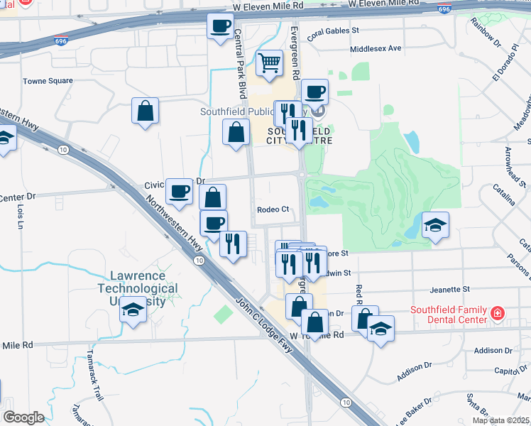map of restaurants, bars, coffee shops, grocery stores, and more near 20269 Rodeo Court in Southfield
