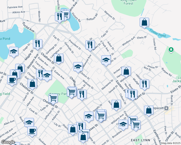 map of restaurants, bars, coffee shops, grocery stores, and more near 22 Livingston Street in Lynn