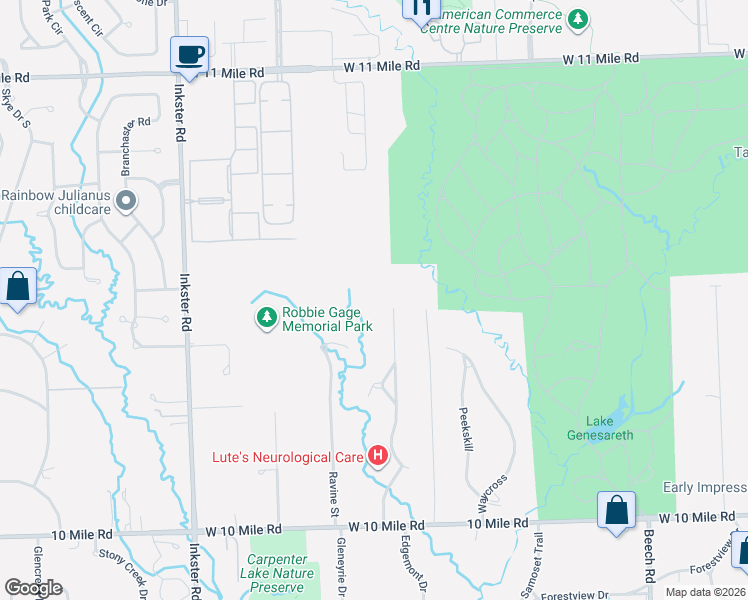 map of restaurants, bars, coffee shops, grocery stores, and more near 25575 Edgemont Drive in Southfield