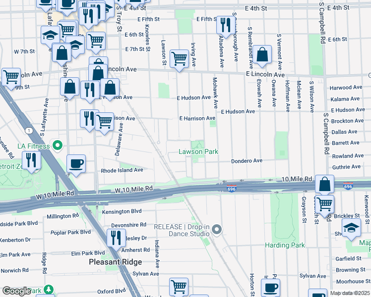 map of restaurants, bars, coffee shops, grocery stores, and more near 1301 Anne Drive in Royal Oak