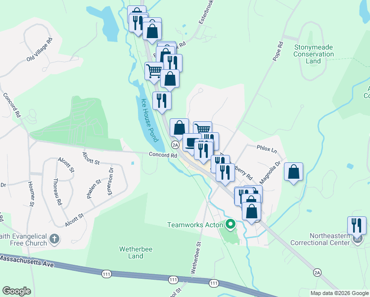 map of restaurants, bars, coffee shops, grocery stores, and more near 107 Great Road in Acton