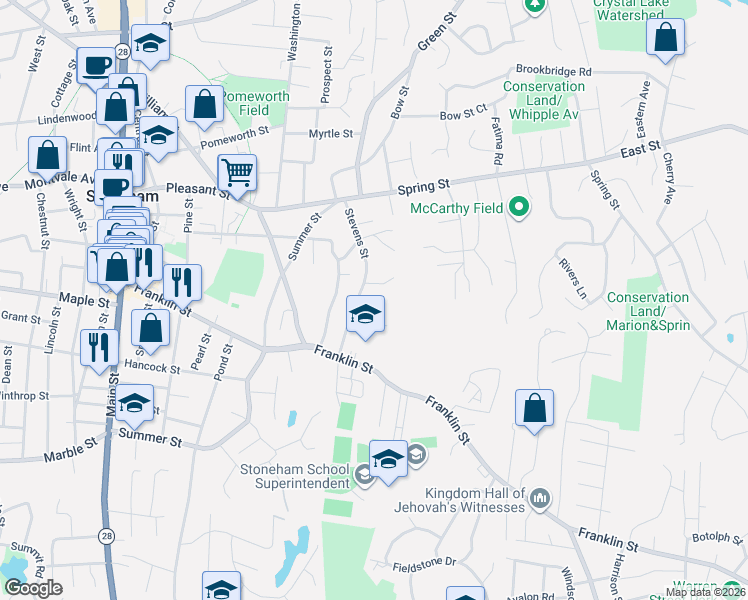 map of restaurants, bars, coffee shops, grocery stores, and more near 28 Stevens Street in Stoneham
