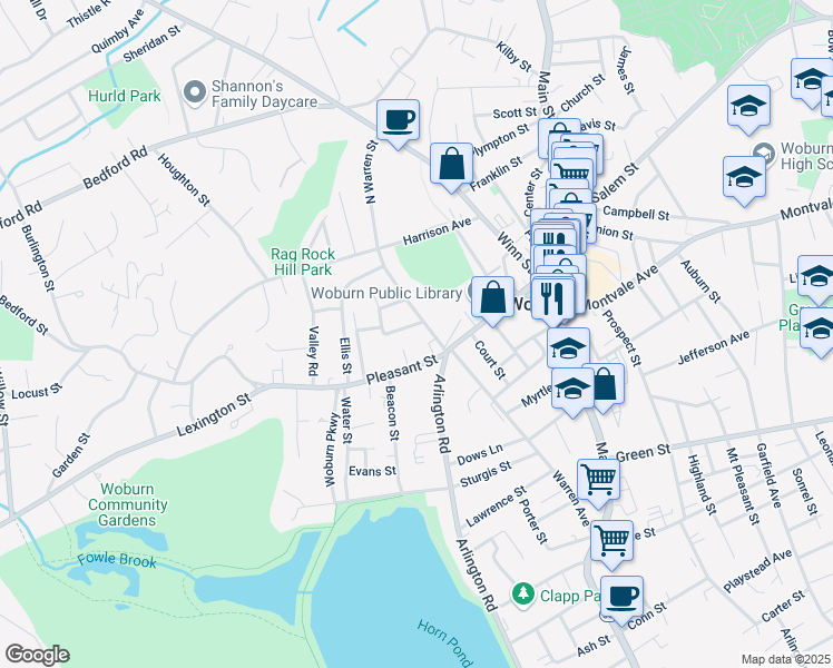 map of restaurants, bars, coffee shops, grocery stores, and more near 6 Munroe Street in Woburn