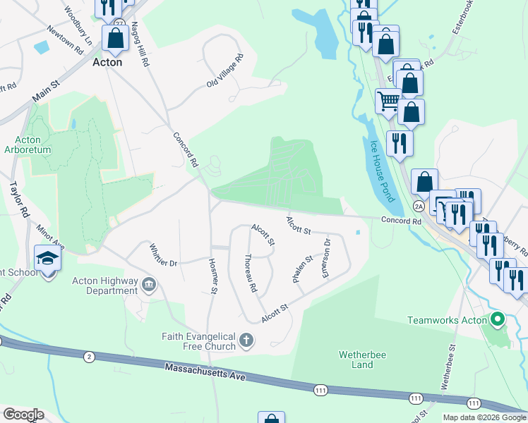 map of restaurants, bars, coffee shops, grocery stores, and more near 93 Concord Road in Acton