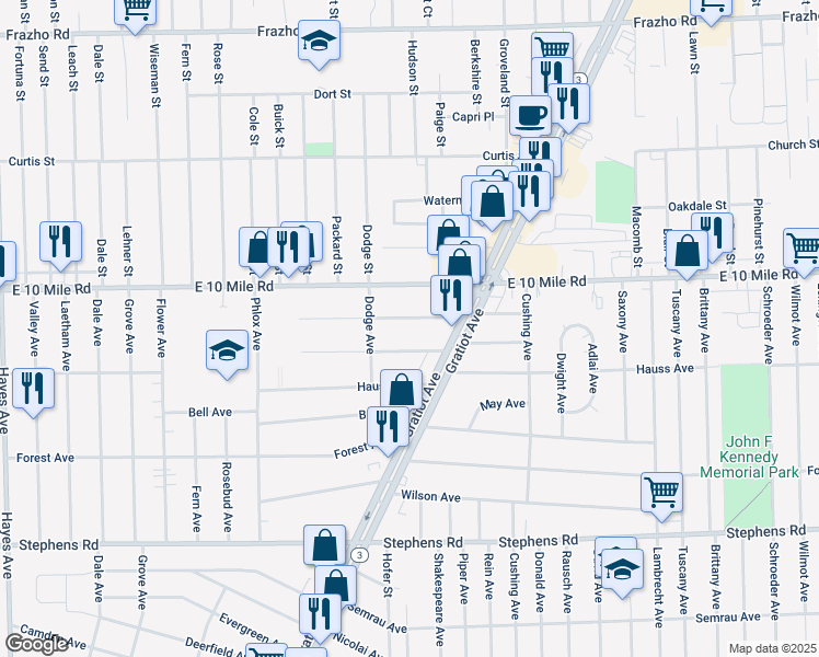 map of restaurants, bars, coffee shops, grocery stores, and more near 16446 Manchester Avenue in Eastpointe