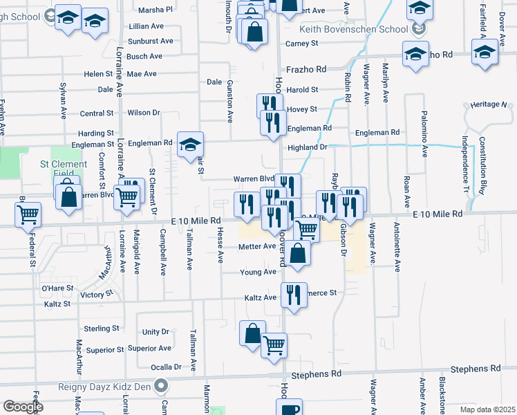 map of restaurants, bars, coffee shops, grocery stores, and more near 25075 Hoover Road in Warren