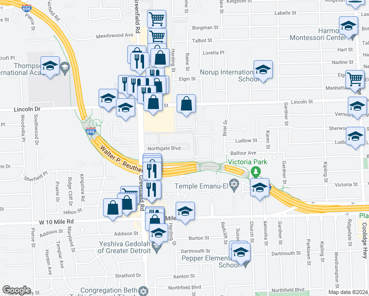 map of restaurants, bars, coffee shops, grocery stores, and more near 15209 Northgate Boulevard in Oak Park