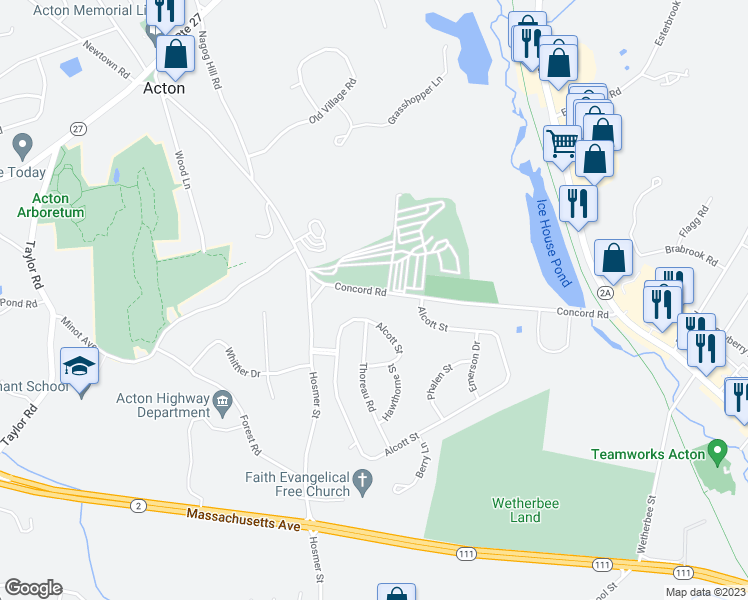 map of restaurants, bars, coffee shops, grocery stores, and more near 93 Concord Road in Acton