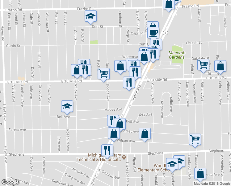 map of restaurants, bars, coffee shops, grocery stores, and more near 16446 Manchester Avenue in Eastpointe