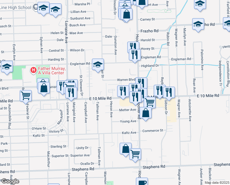 map of restaurants, bars, coffee shops, grocery stores, and more near 11451 East 10 Mile Road in Warren