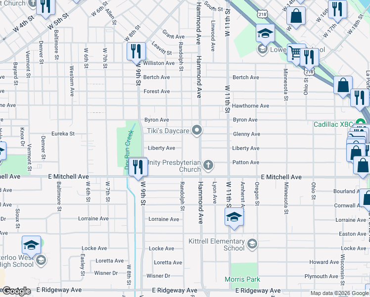 map of restaurants, bars, coffee shops, grocery stores, and more near 2031 Randolph Street in Waterloo