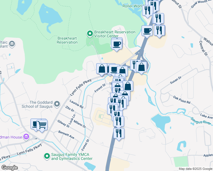 map of restaurants, bars, coffee shops, grocery stores, and more near 7 Thomas Street in Saugus