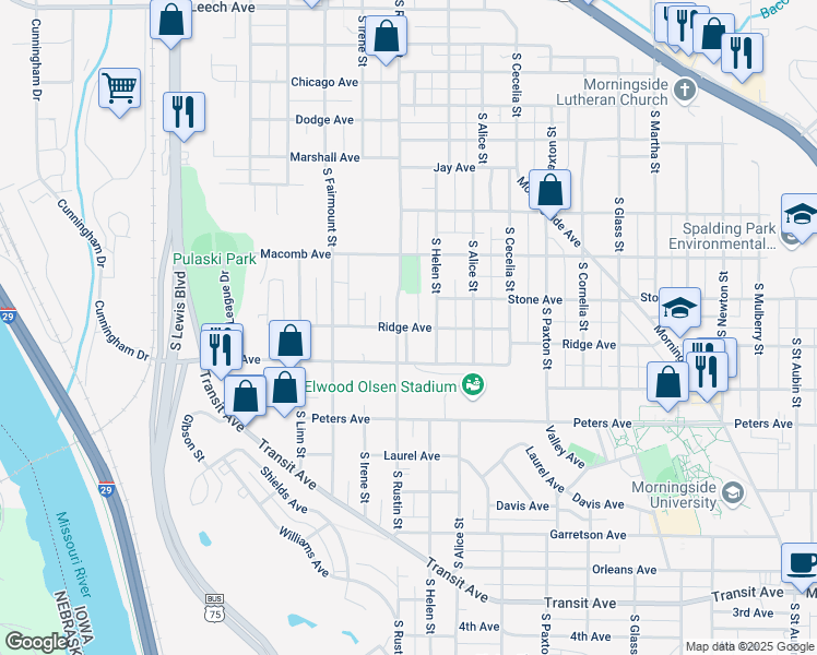 map of restaurants, bars, coffee shops, grocery stores, and more near 2909 Ridge Ave in Sioux City