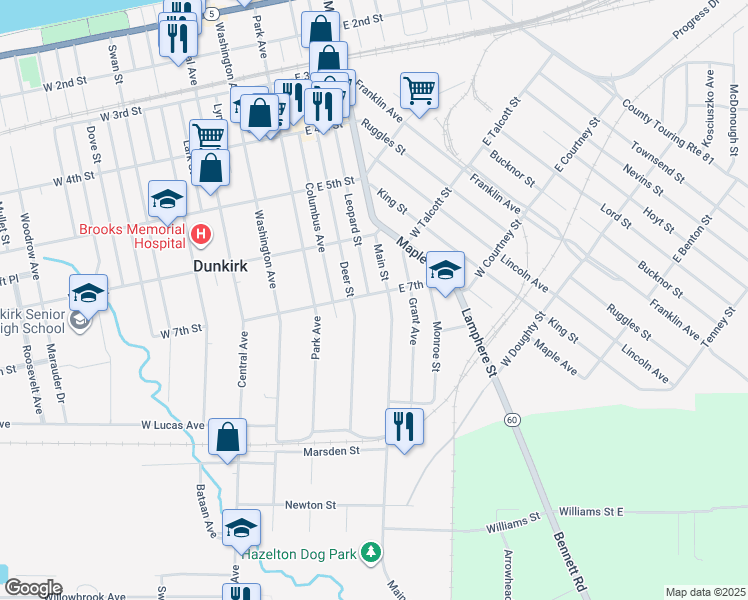 map of restaurants, bars, coffee shops, grocery stores, and more near 77 East 7th Street in Dunkirk