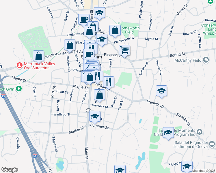 map of restaurants, bars, coffee shops, grocery stores, and more near 60 Franklin Street in Stoneham