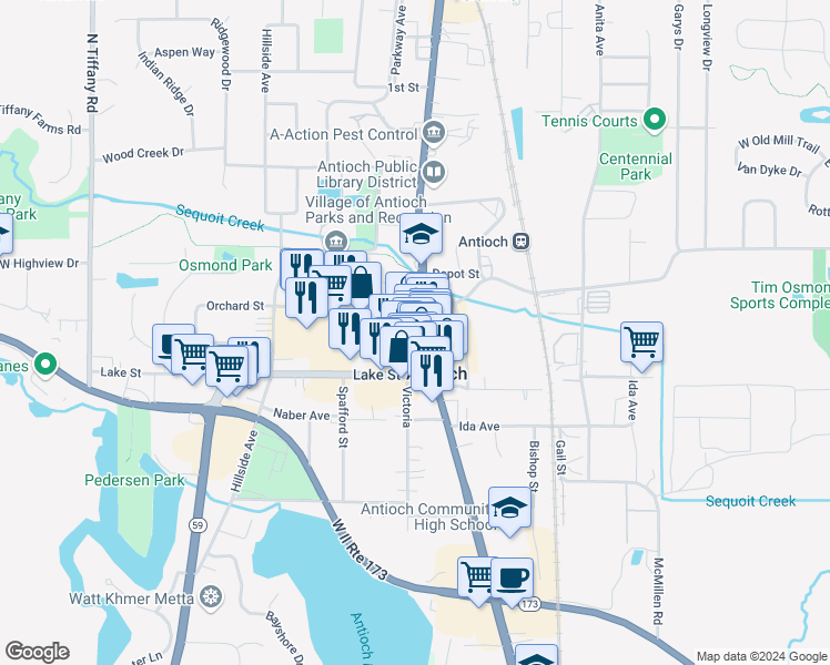 map of restaurants, bars, coffee shops, grocery stores, and more near 896 Main Street in Antioch