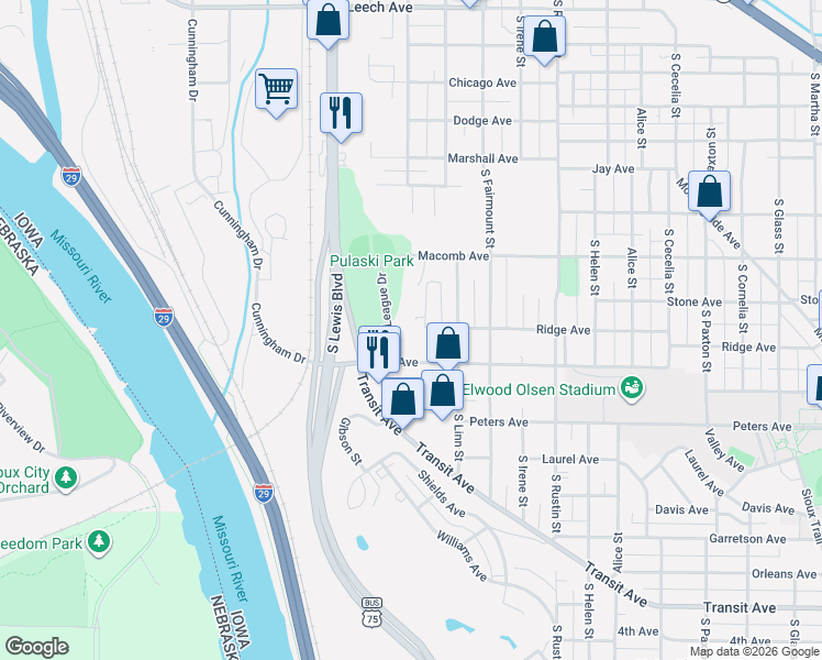 map of restaurants, bars, coffee shops, grocery stores, and more near 1301 South Westcott Street in Sioux City