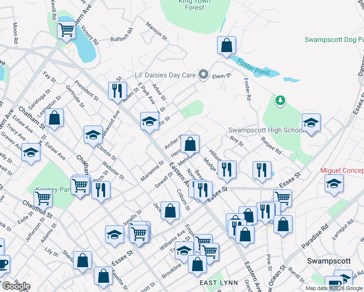 map of restaurants, bars, coffee shops, grocery stores, and more near 33 Herschel Street in Lynn