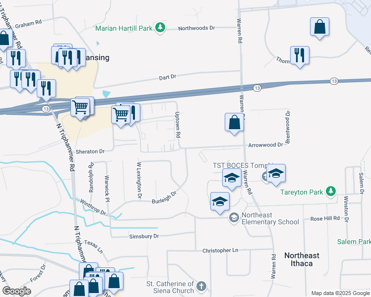 map of restaurants, bars, coffee shops, grocery stores, and more near Uptown Road & Burleigh Drive in Ithaca