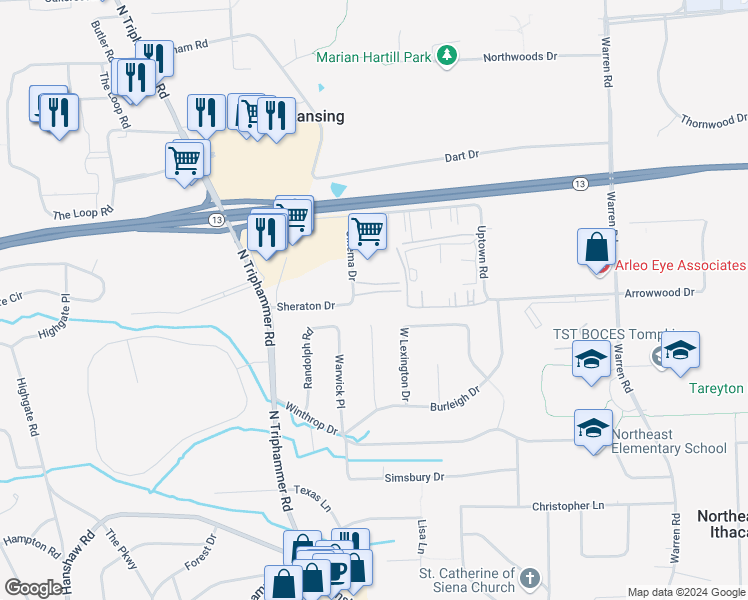 map of restaurants, bars, coffee shops, grocery stores, and more near 20 Sheraton Drive in Ithaca
